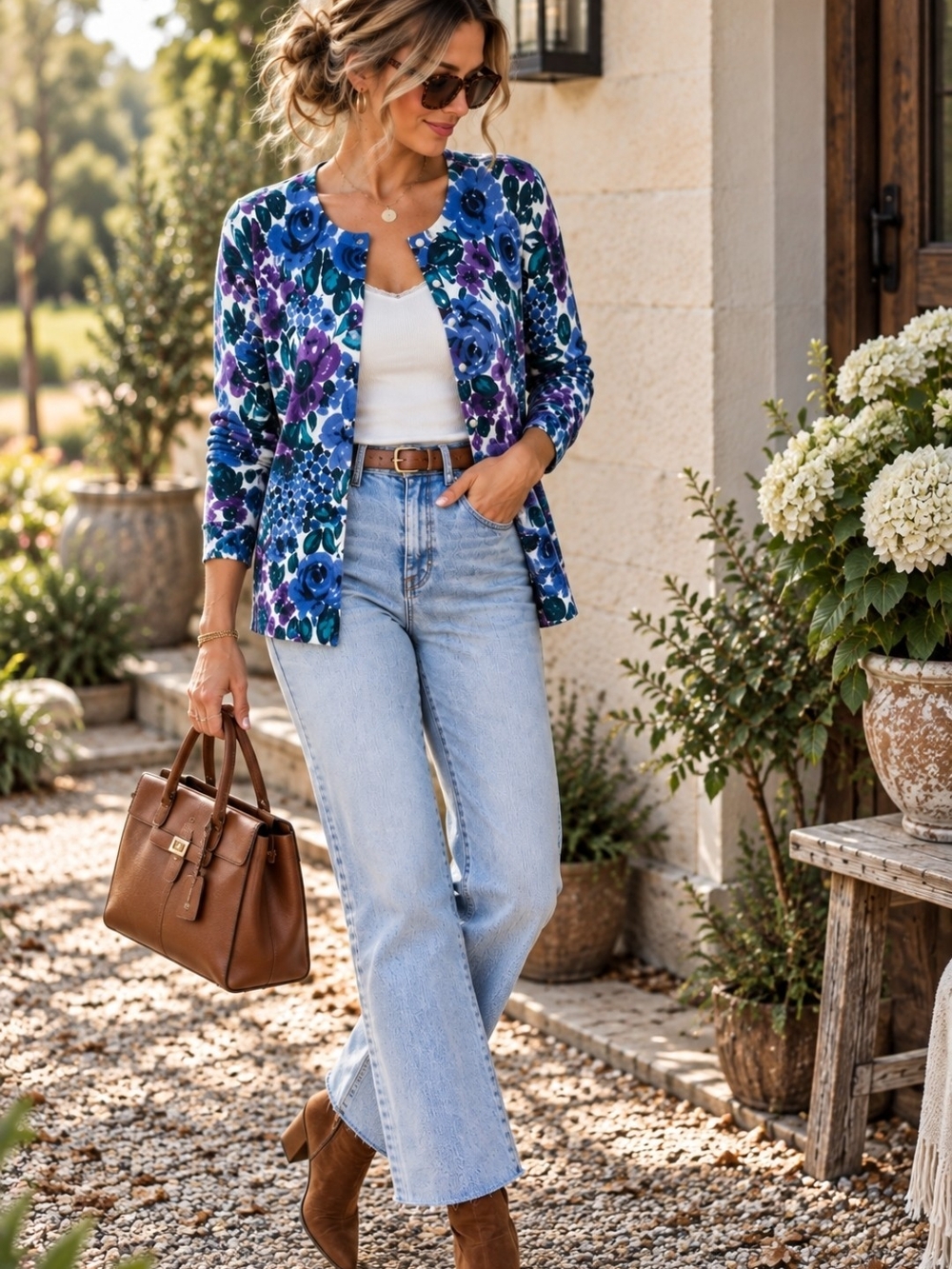 Laura Scott 100% Cotton Floral Cardigan Sweater Blue Purple Green L Cottagecore